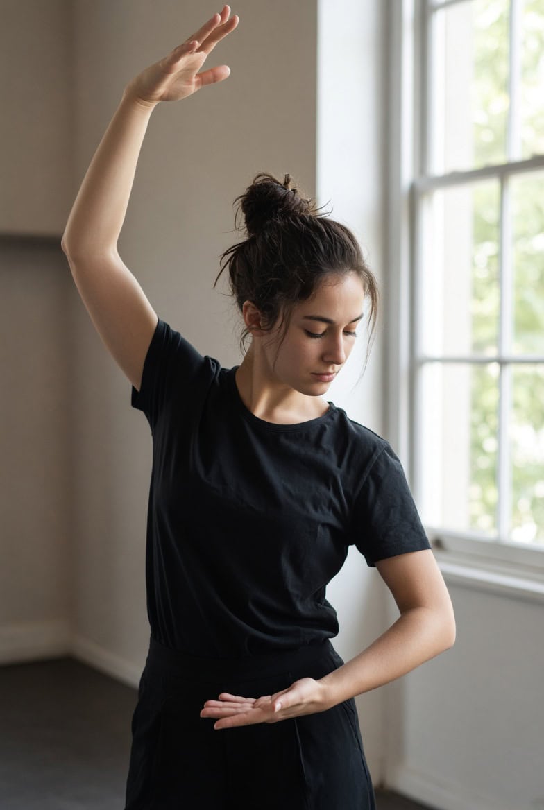 Femme dansant près d'une fenêtre lumineuse lors d'un atelier corps et mouvement