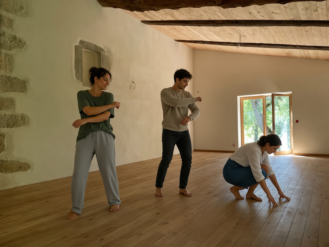 Stagiaires en mouvement dans la salle de pratique au parquet de bois du Pied d’Angèle